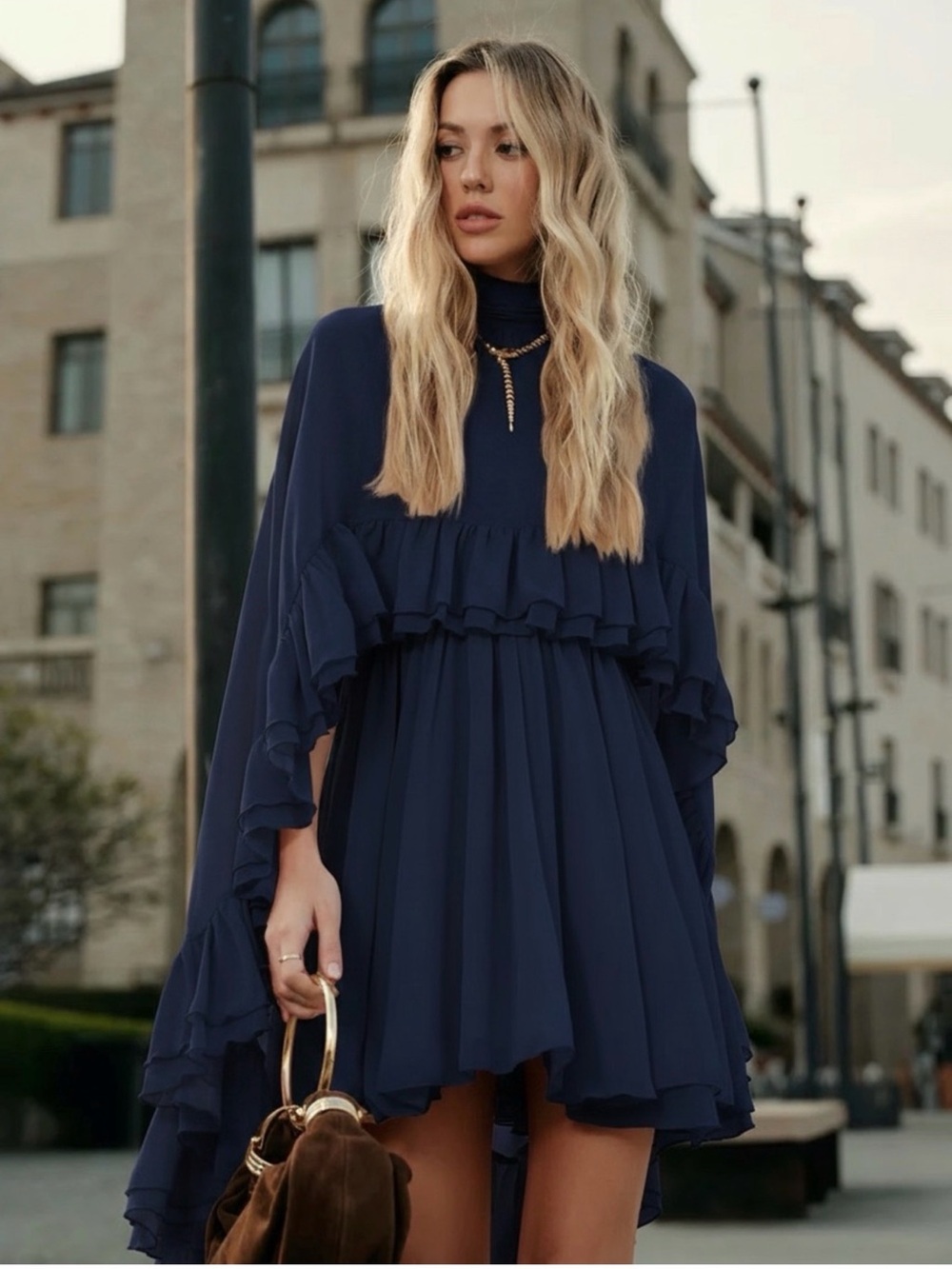 Commense Semi-Sheer Chiffon Ruffle Dress With Outer Cape - Picture 5 of 16